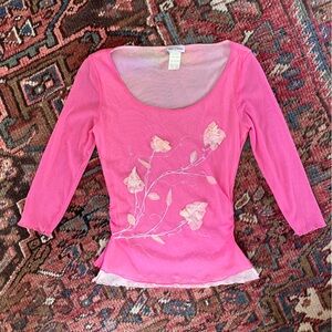 Y2K Pink Floral Mesh Embroidered Top